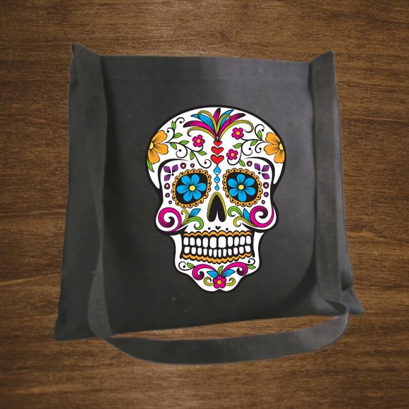 Skull Catrina Cotton Canvas Crossbody Messenger Tote Bag with Long Strap - Picture 4 of 4